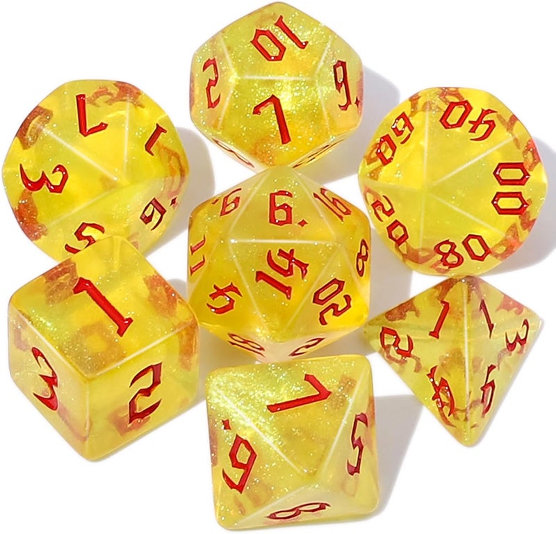 CiaraQ DND Polyhedral Dice Set with Dice Bag for Dungeons and Dragons RPG MTG Role Playing Table Games (Yellow + Glitter + Red Font) - Image 1